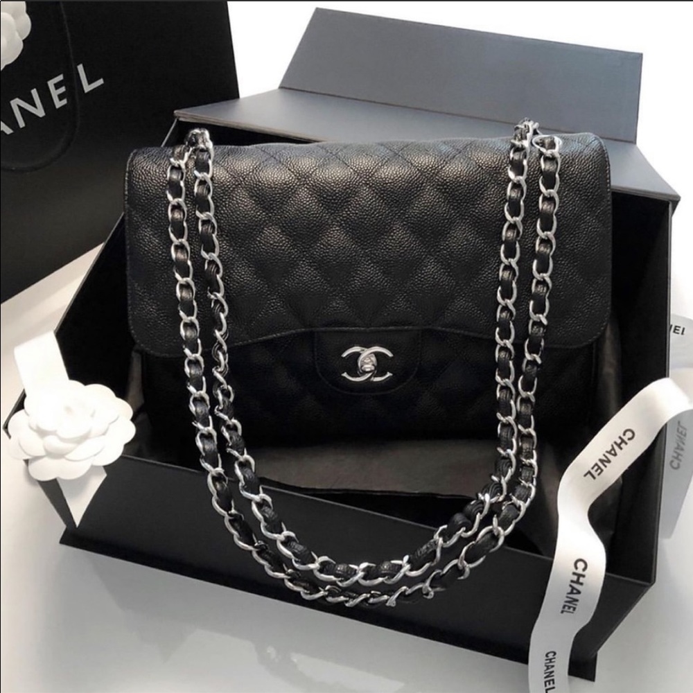 Chanel jumbo caviar classic double flap silver